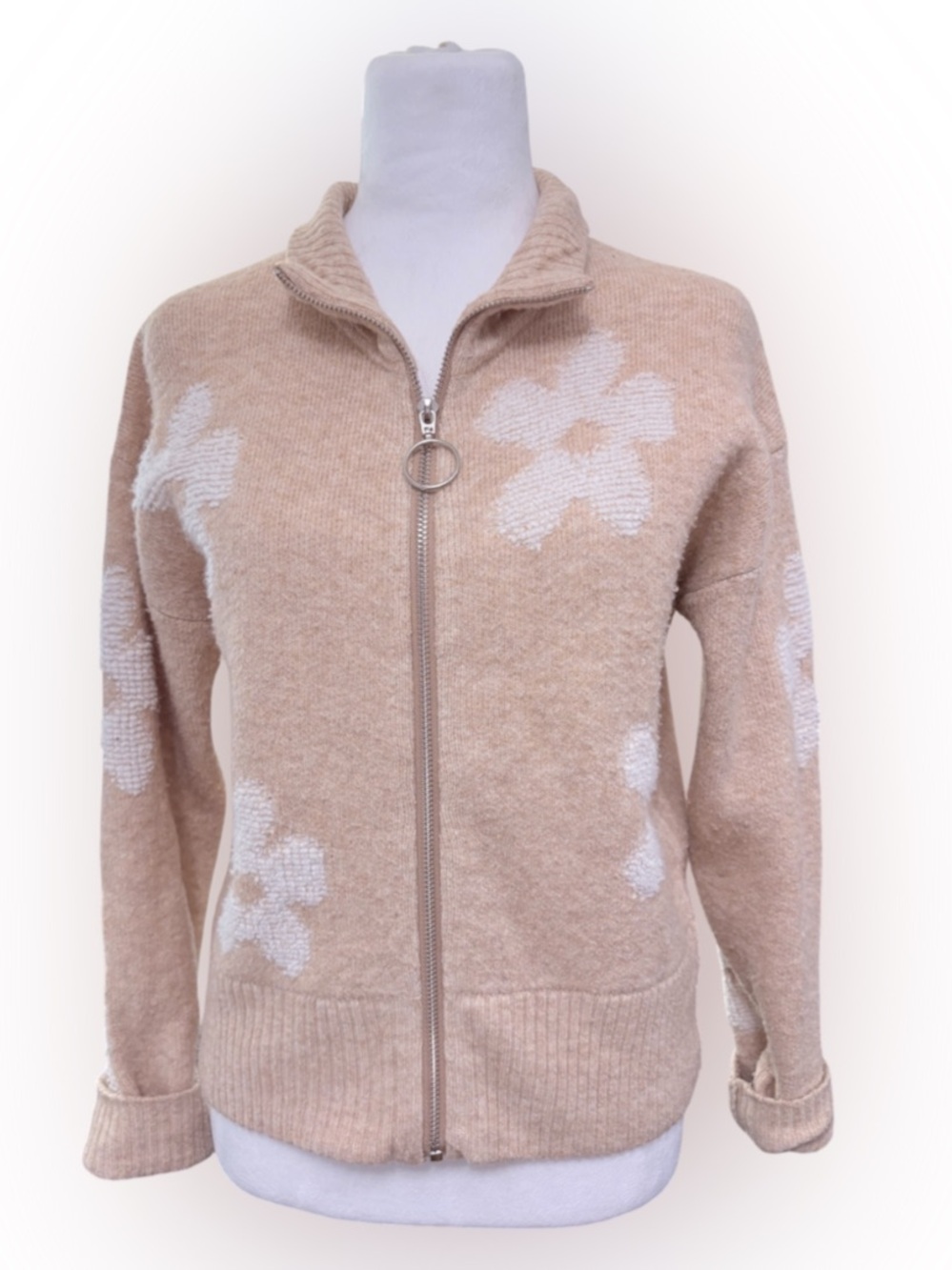 Pink Robin NY Floral Knit Zip-Up Mock Neck Sweater Cardigan Tan Cottagecore Sz S